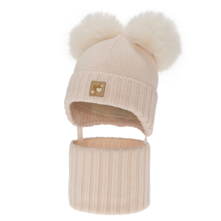 Meisjes muts en col, winter set, lichtroze, 100% merinowol, gevoerd met wollen fleece, Ronia