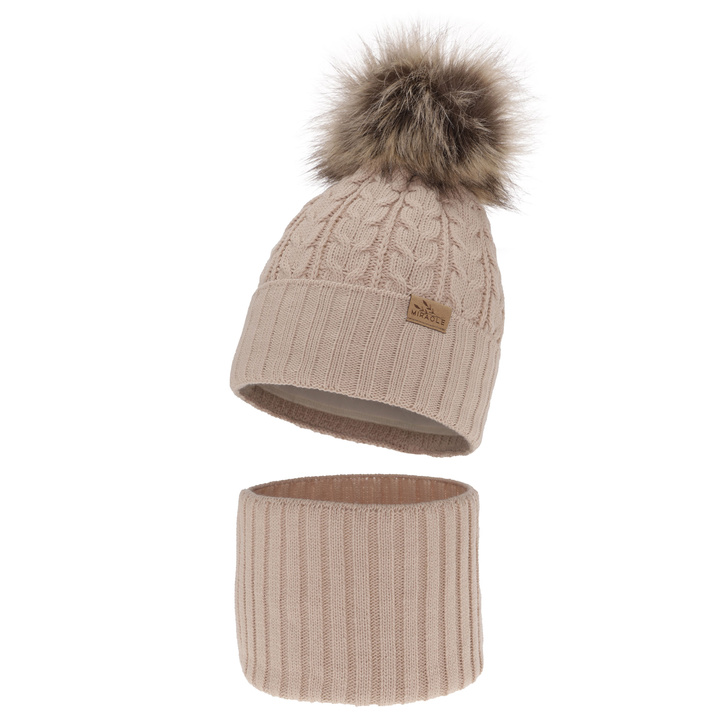 Ensemble d'hiver fille: bonnet et snood, beige, avec pompon, Tanzania