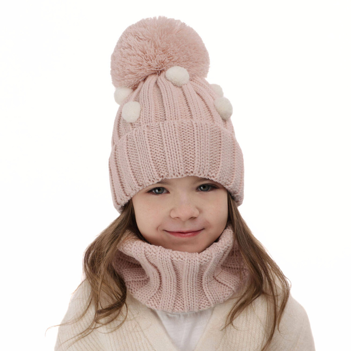 Ensemble d'hiver fille: bonnet et snood, rose clair, avec pompon, Hekate