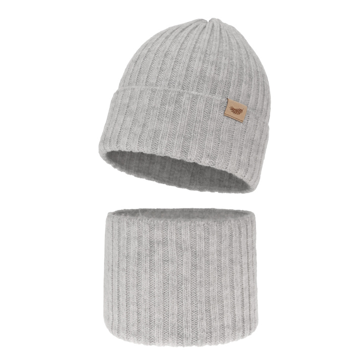 Ensemble d'hiver fille: bonnet et snood, gris, avec laine mérinos, Karmina