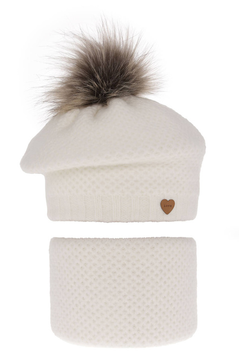 Ensemble d'hiver fille: beret et snood, blanc, avec pompon, Francesca