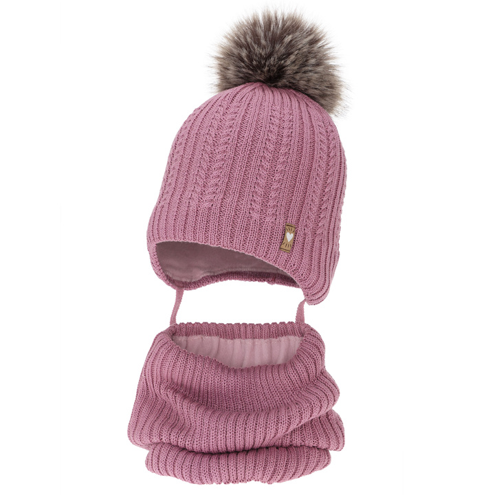 Ensemble d'hiver fille: bonnet et snood, violet, avec laine mérinos, avec pompon, avec liens, Muanda