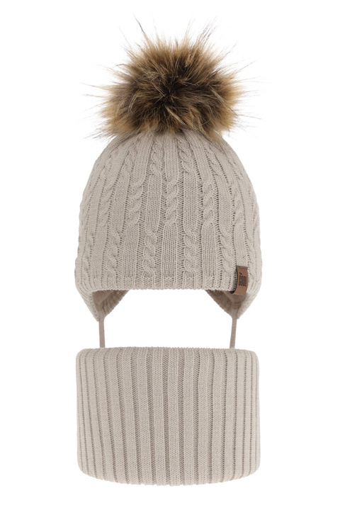 Ensemble d'hiver garçon: bonnet et snood, beige, avec liens, avec pompon, Indigo