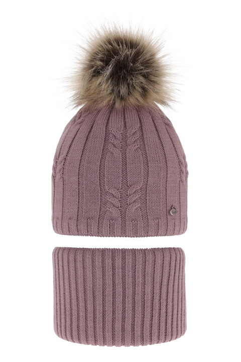 Ensemble d'hiver fille: bonnet et snood, violet, avec pompon, Amaltea