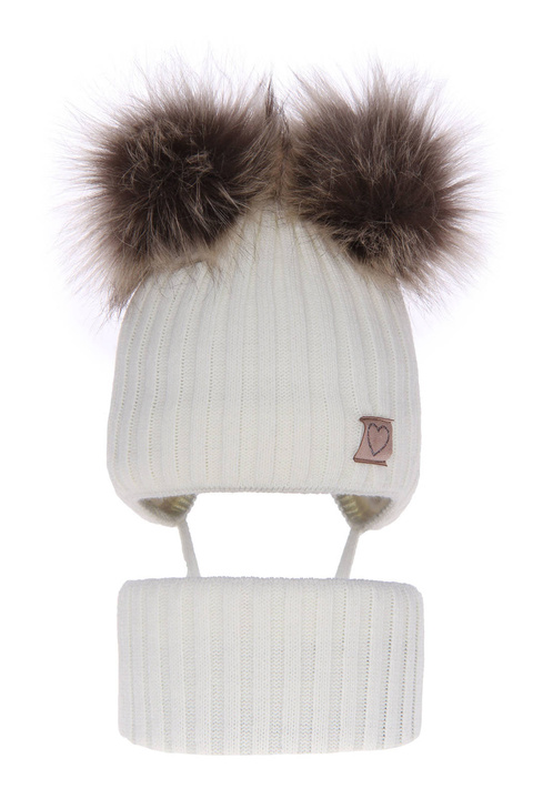 Meisjes winter set muts en buissjaal, wit, met twee pompons, met bindkoorden, Telisa