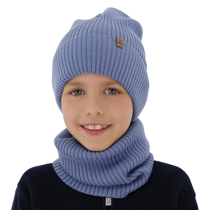 Ensemble automne/printemps garçon: bonnet et snood, bleu, 100% laine mérinos, Lemas