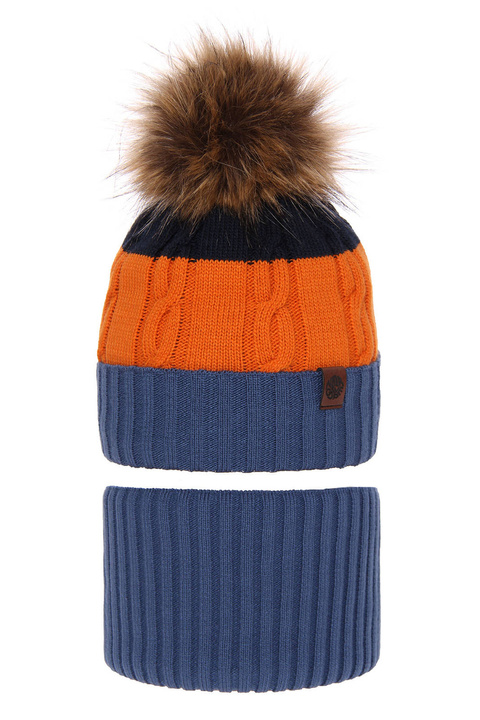 Jongens winter set muts en buissjaal, blauw, met garen pompon, Karmel