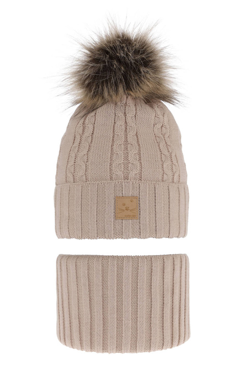 Ensemble d'hiver fille: bonnet et snood, beige, avec pompon, Alexia
