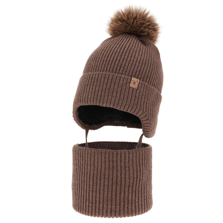 Ensemble d'hiver garçon: bonnet et snood, brun, avec liens, avec pompon, Zico
