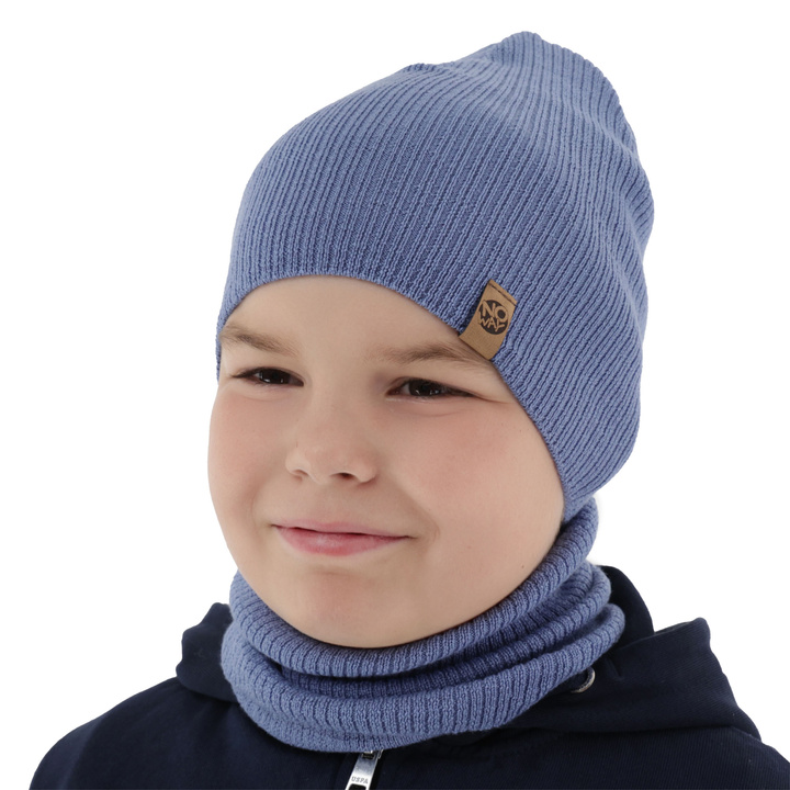 Ensemble automne/printemps garçon: bonnet et snood, bleu clair, avec laine mérinos, Richi
