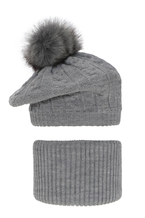 Ensemble d'hiver fille: beret et snood, gris, avec pompon, Koffi