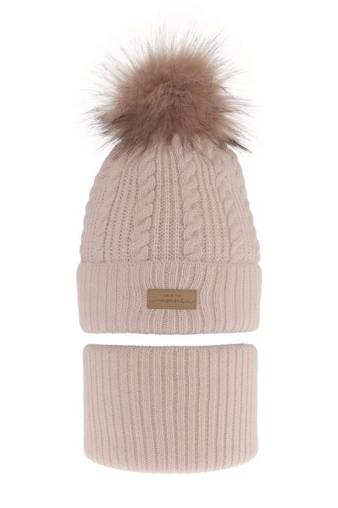 Ensemble d'hiver fille: bonnet et snood, rose, avec pompon, Alika
