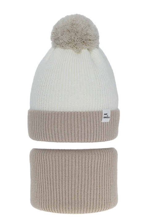 Meisjes winter set muts en sjaal, beige, met garen pompon, Rosalin
