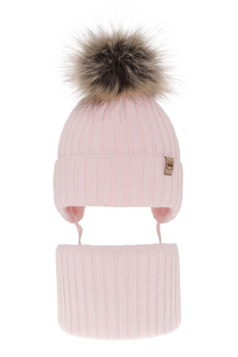 Ensemble d'hiver fille: bonnet et snood, rose clair, avec pompon, avec liens, Louisa