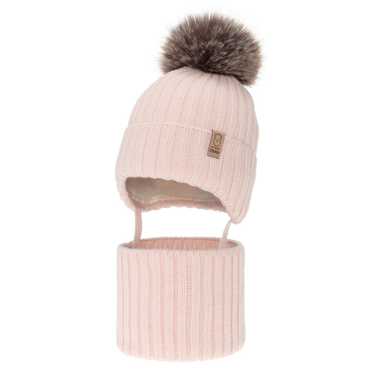 Ensemble d'hiver fille: bonnet et snood, rose clair, avec pompon, Abigail
