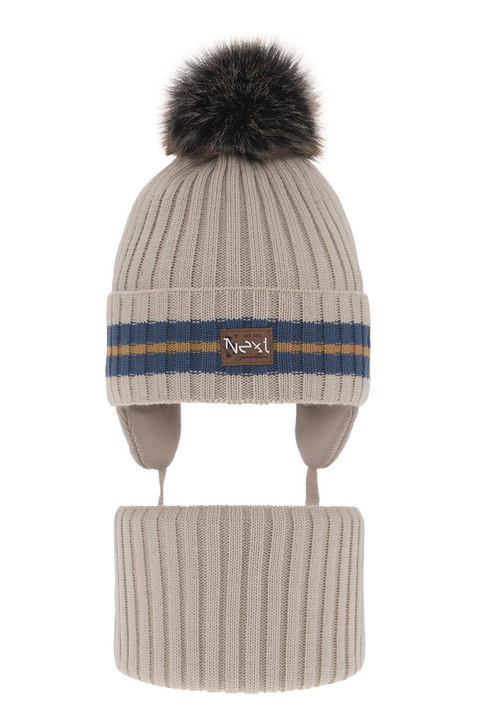 Ensemble d'hiver garçon: bonnet et snood, beige, avec pompon, Echo