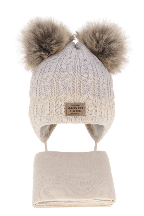 Ensemble d'hiver garçon: bonnet et écharpe, beige, avec deux pompons, Platon