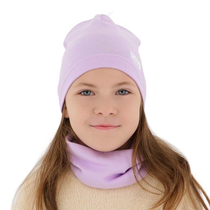 Ensemble automne/printemps fille: bonnet et snood, violet, en coton, Friza