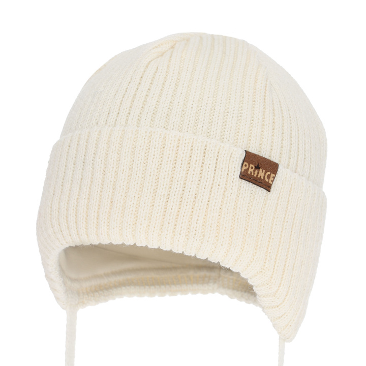 Jongens wintermuts, met bindkoorden, met merinowol, crème, Puser
