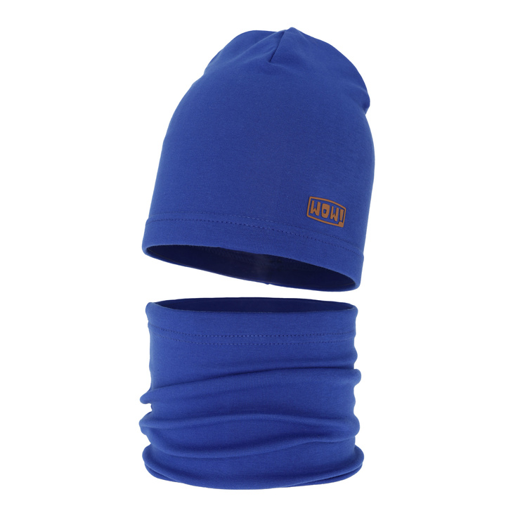 Ensemble automne/printemps garçon: bonnet et snood, bleu, en coton, Frizer