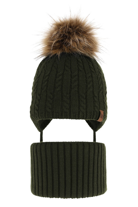 Ensemble d'hiver garçon: bonnet et snood, kaki, avec pompon, Indigo