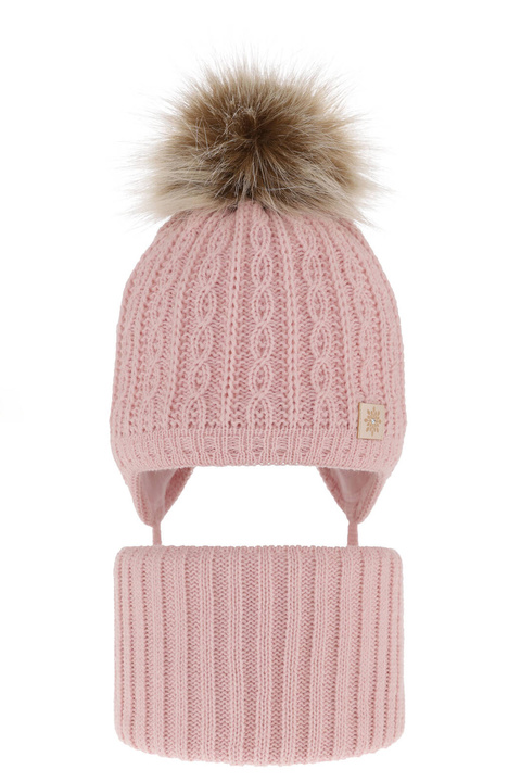 Ensemble d'hiver fille: bonnet et snood, rose, avec pompon, avec liens, Passa