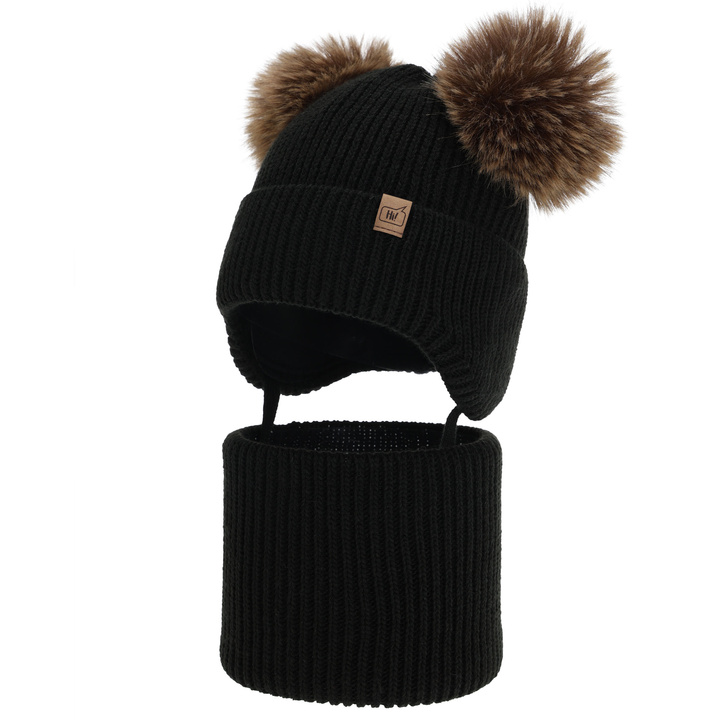 Jongens winter set (muts en buissjaal), lichtgrijs, met twee pompons, Zorven