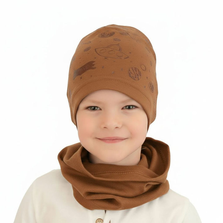 Jongens herfst/lente set muts en buissjaal, camel, katoenen, Kosmos