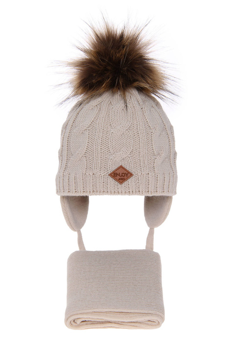 Jongens winter set muts en sjaal, beige, met garen pompon, Minor