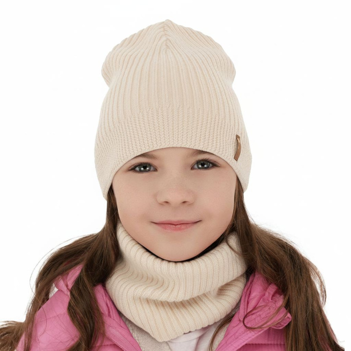 Ensemble automne/printemps fille: bonnet et snood, rose clair, avec laine mérinos, Chelsie