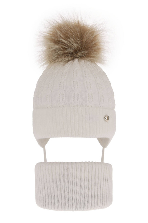Ensemble d'hiver fille: bonnet et snood, blanc, avec pompon, avec liens, Tukana