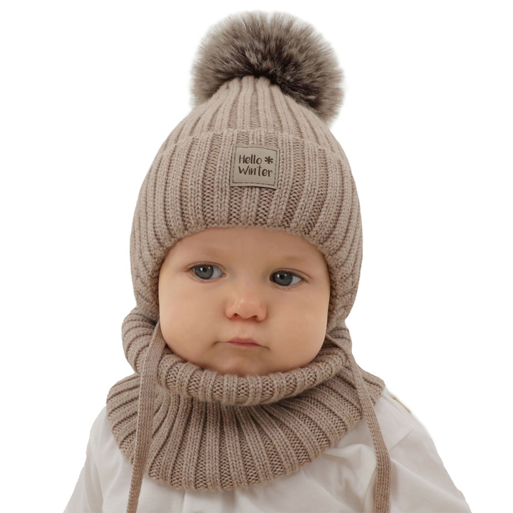 Ensemble d'hiver garçon: bonnet et snood, beige, avec laine mérinos, doublé de polaire, Morti