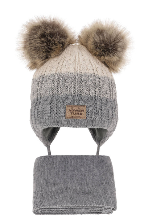 Ensemble d'hiver garçon: bonnet et écharpe, gris, avec deux pompons, Platon