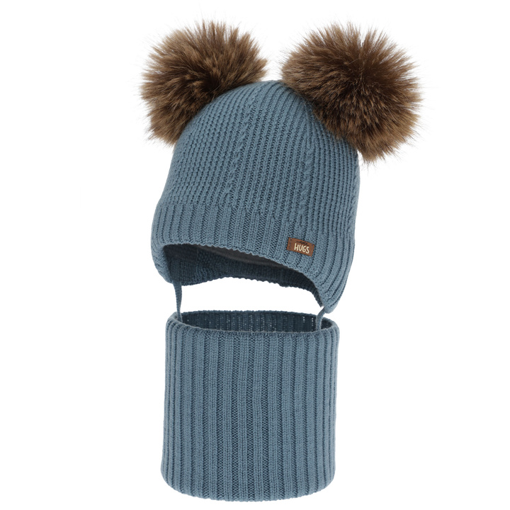 Jongens muts en col, winter set, blauw, 100% merinowol, gevoerd met wollen fleece, Lumio