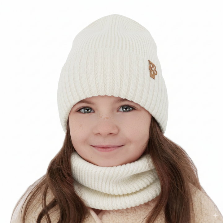 Ensemble d'hiver fille: bonnet et snood, blanc, avec laine mérinos, Nelita