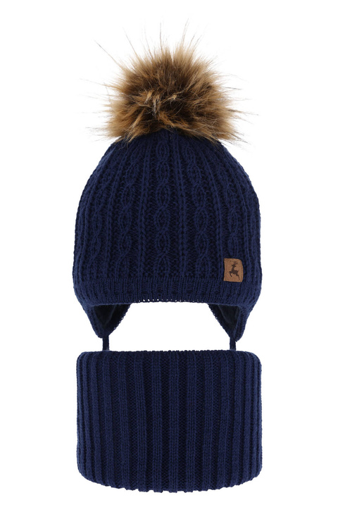 Ensemble d'hiver garçon: bonnet et snood, bleu marine, avec pompon, Pago