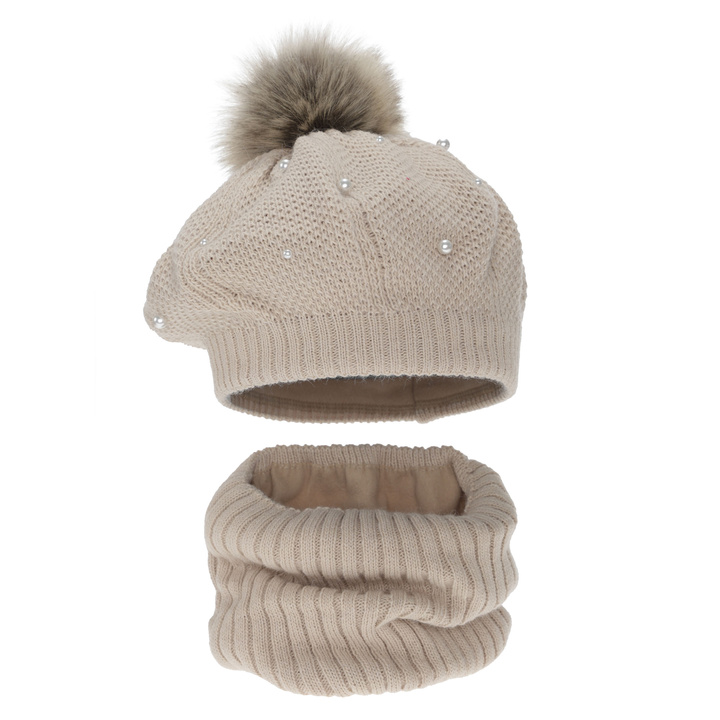 Meisjes winter set: beret en buissjaal, gevoerd met fleece, beige, met pompon, Jeanette