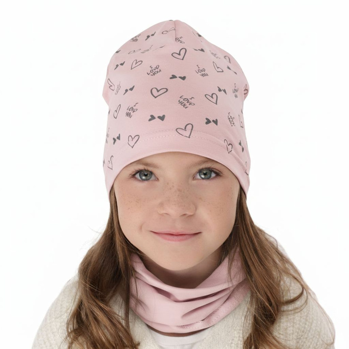 Ensemble automne/printemps fille: bonnet et snood, rose, en coton, Lovena