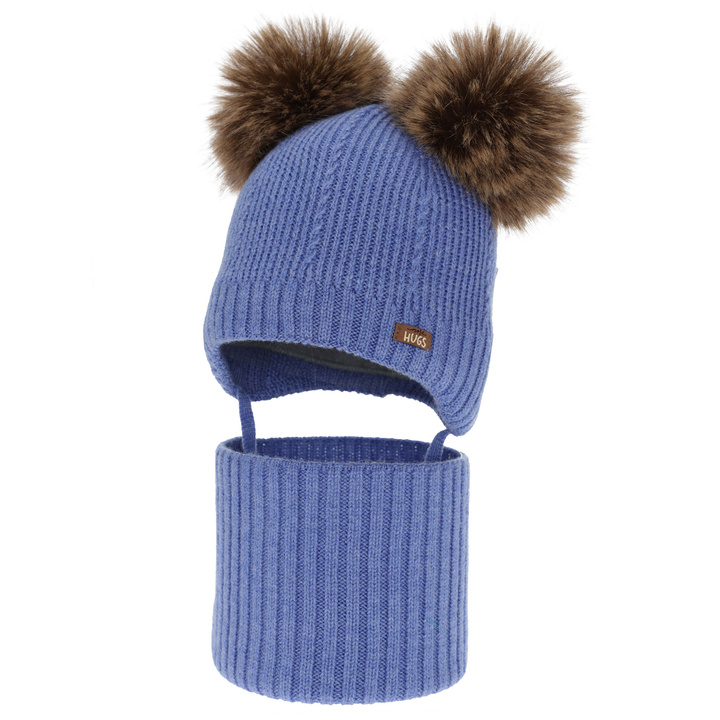 Jongens muts en col, winter set, blauw, 100% merinowol, gevoerd met wollen fleece, Lumio