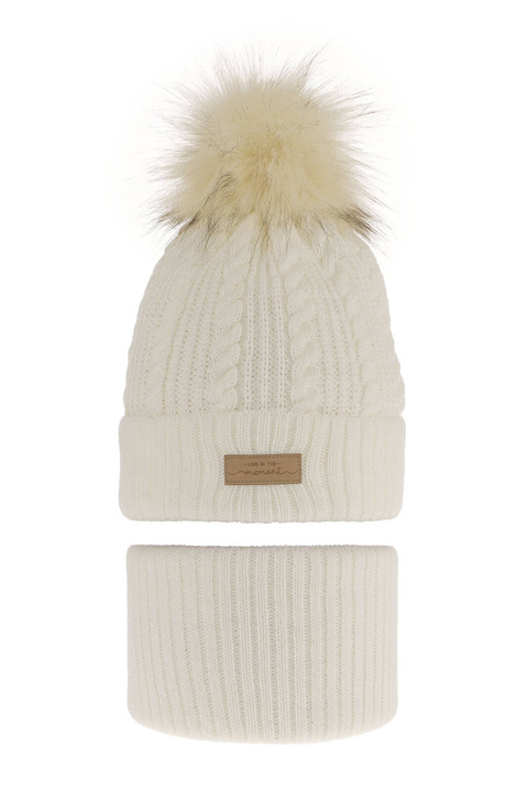Ensemble d'hiver fille: bonnet et snood, crème, avec pompon, Alika