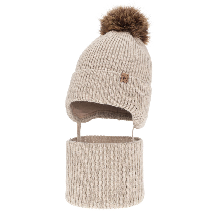 Ensemble d'hiver garçon: bonnet et snood, beige, avec pompon, Zico