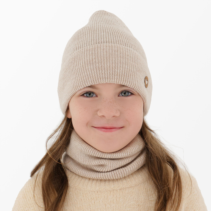 Ensemble automne/printemps fille: bonnet et snood, beige, avec laine mérinos, Brook