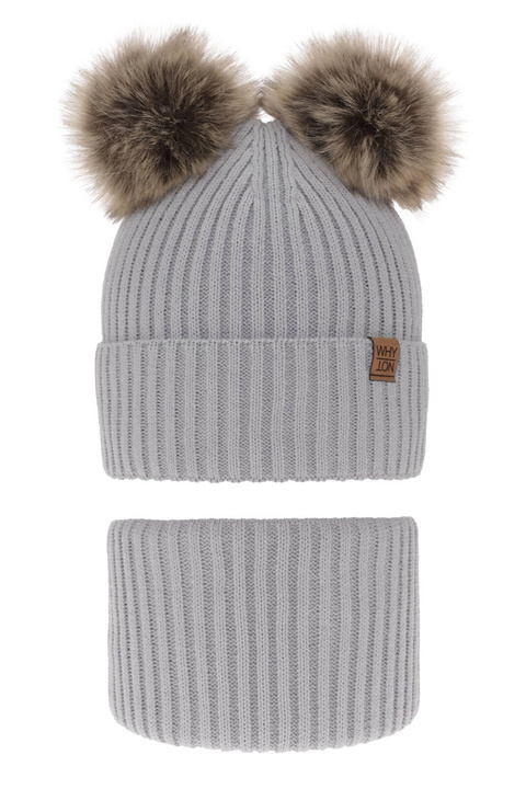 Ensemble d'hiver garçon: bonnet et snood, gris clair, avec deux pompons, Oxford