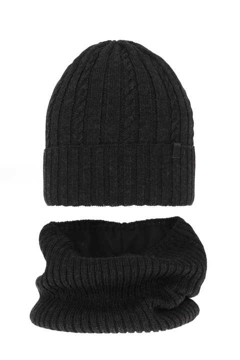 Ensemble d'hiver garçon: bonnet et snood, gris foncé, avec laine mérinos, doublé de polaire, Kairo