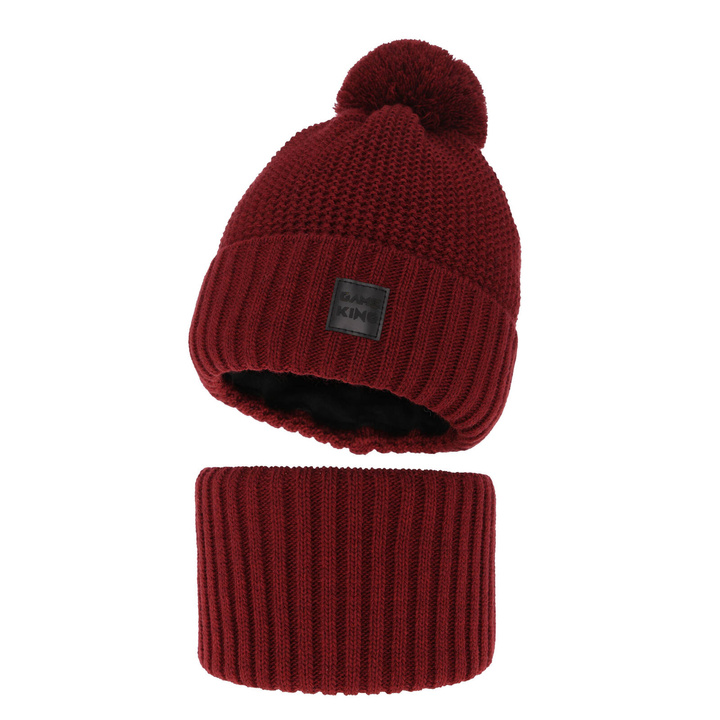 Ensemble d'hiver garçon: bonnet et snood, rouge bordeaux, avec pompon, Conan