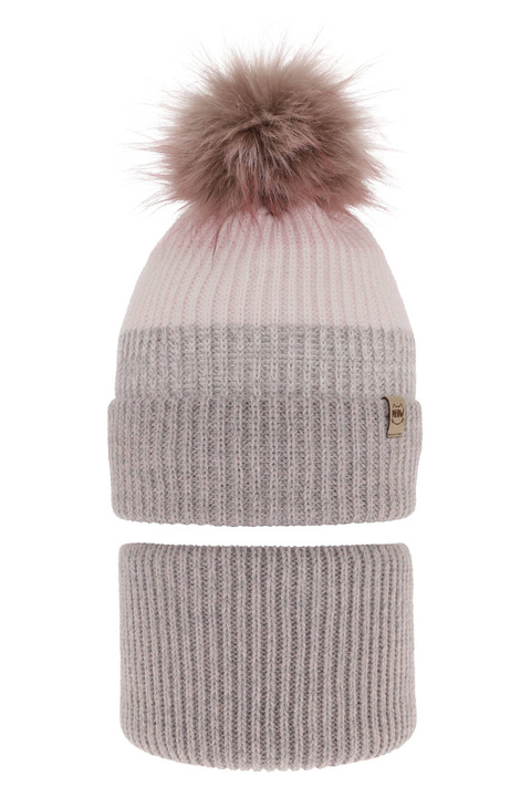 Ensemble d'hiver fille: bonnet et snood, gris, avec pompon, Gimena