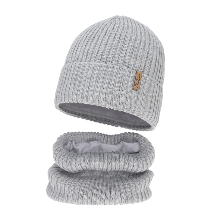 Meisjes winter set (muts en buissjaal) gevoerd met fleece, grijs, met merinowol, Odette