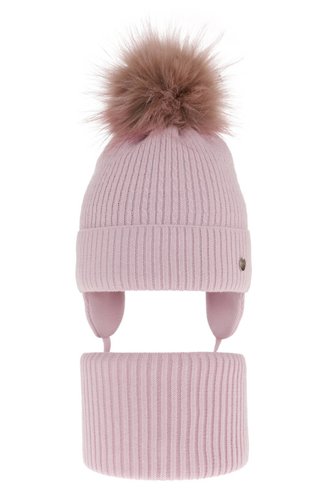 Ensemble d'hiver fille: bonnet et snood, lilas, avec pompon, avec liens, Debra