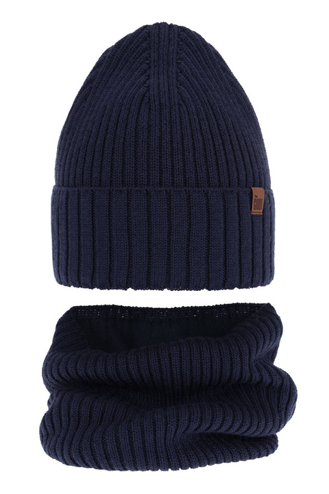 Ensemble d'hiver garçon: bonnet et snood, bleu marine, avec laine mérinos, Metis
