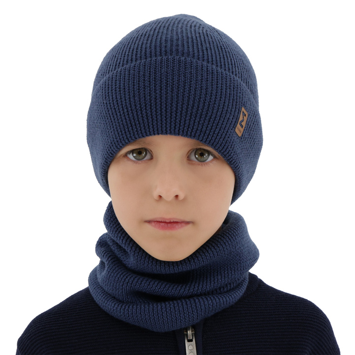 Ensemble automne/printemps garçon: bonnet et snood, bleu, avec laine mérinos, Bruce